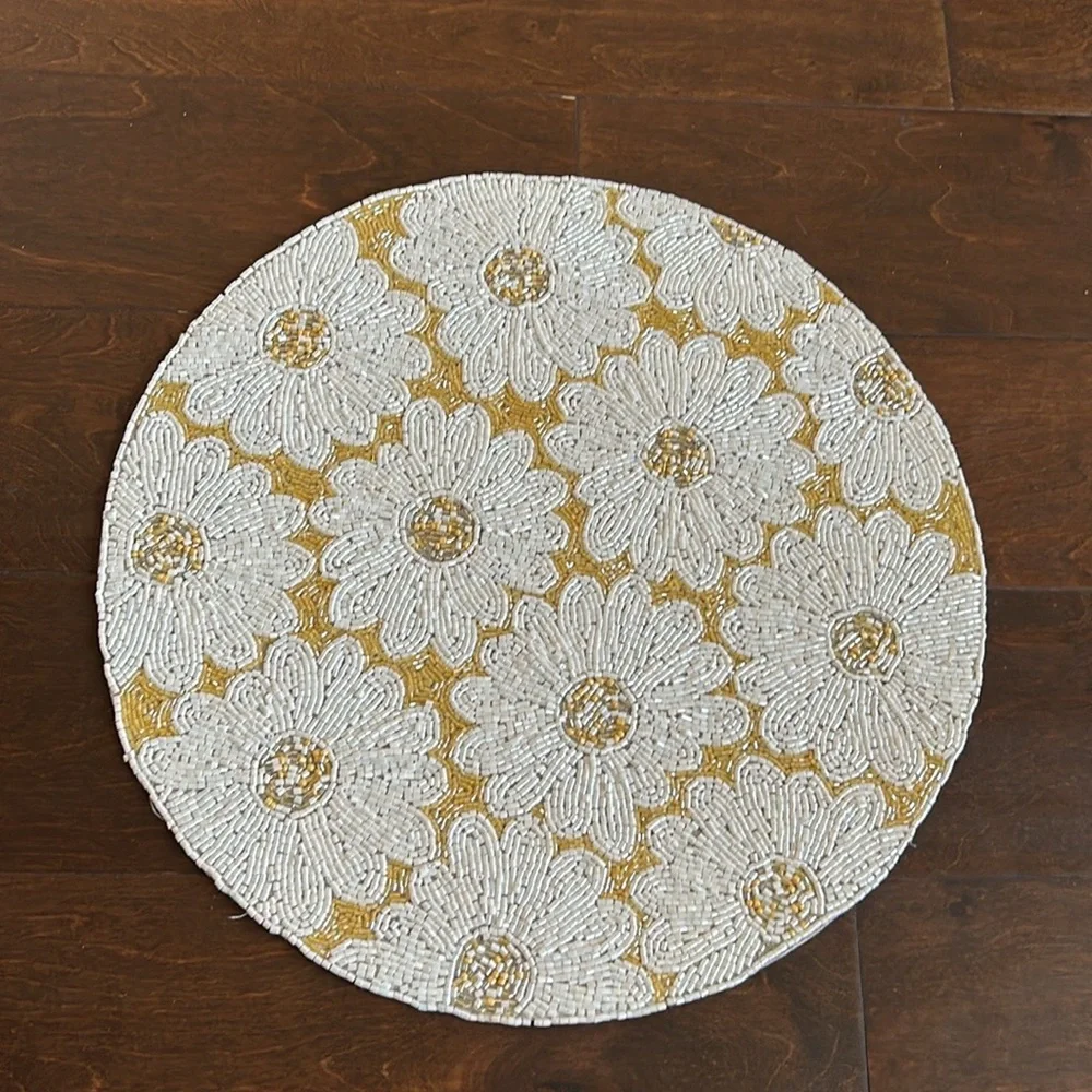 Tahari Set Of 2 Beaded Chargers Floral New Spring Summer Yellow Scalloped